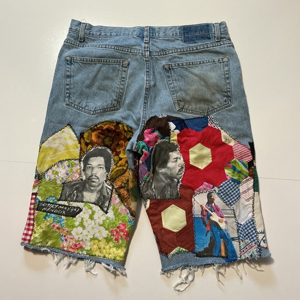 VTG Jimi Hendrix Experience Patchwork 1 Of 1 Upcycle Rework Denim Jean Shorts - Picture 2 of 4